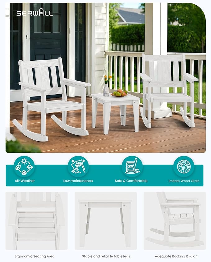 SERWALL 3 Piece Rocking Bistro Set, HDPE Outdoor Patio Table and Chairs, All Weather Outdoor Rocking Set for Backyard,Porch, Poolside, Balcony, and Garden- White