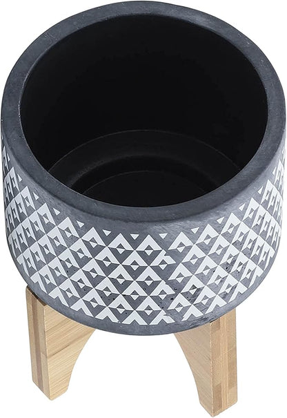 Sagebrook Home Stoneware Planter with Wooden Stand - Ceramic Indoor/Outdoor Plant Pot - Modern Geometric Design - Home & Garden Decor - 6" Gray