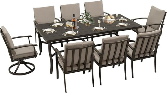 HAPPATIO Aluminum 9 Piece Patio Dining Sets, Outdoor Dining Set for 8, Patio Furniture Sets, 2 Swivel Dining Chairs, 6 Dining Chairs, Aluminum Furniture Set for Patio, Yard (Black)