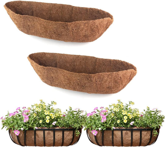 2 Pack Trough Coco Liner Fiber Replacement for Planters, 24/30/36/48 inch Half Moon Coconut Coir Planter for Window Box/Hanging Trough Planter, Garden Flower Vegetables Pot, Fence Flower Baskets