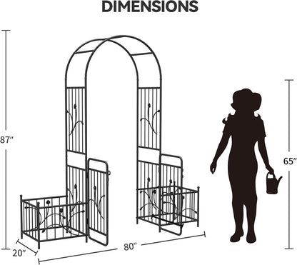 YITAHOME Garden Arbor with Gate and Planter Boxes, 87IN Wedding Arches for Ceremony, Metal Garden Arch for Climbing Plants Outdoor, Black Garden Archway for Lawn, Patio and Backyard