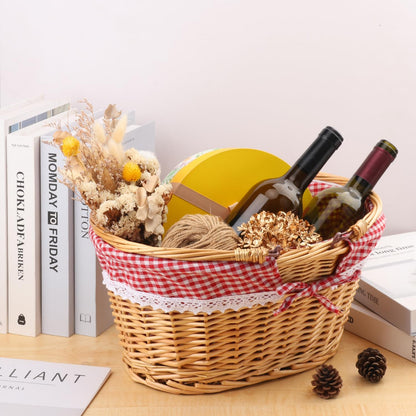 14.2 Inch Natural Wicker Basket with Linen Cotton Cloth Lining, Oval Wicker woven Basket with Handle, Willow Woven Picnic Baskets for Picnic, Camping, Party(Large)