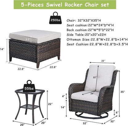 Outdoor Wicker Patio Furniture Set - 5 Pieces Rattan Patio Conversation Set with 2 Rocking Swivel Chairs,2 Ottomans and 1 Side Table for Porch Deck Backyard Garden(Brown/Beige)