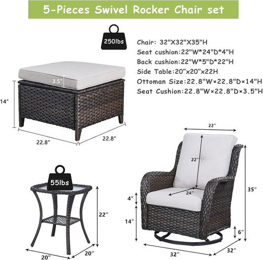 Outdoor Wicker Patio Furniture Set - 5 Pieces Rattan Patio Conversation Set with 2 Rocking Swivel Chairs,2 Ottomans and 1 Side Table for Porch Deck Backyard Garden(Brown/Beige)