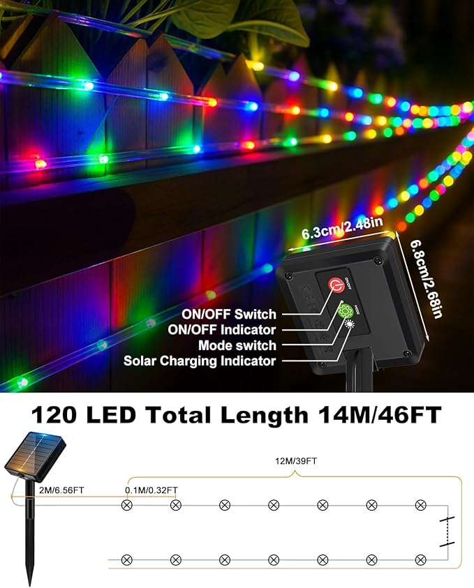 btfarm Solar Rope Lights Outdoor, 120LED 46FT Solar String Lights Outside Waterproof, 8 Lighting Modes Tree Tube Fairy Light Solar Powered for Garden Christmas Yard Party Decorations, Multicolor