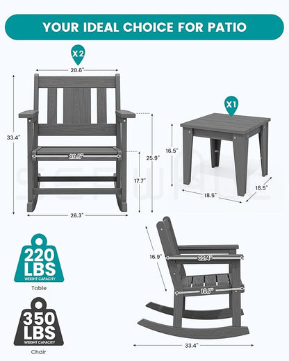 SERWALL 3 Piece Rocking Bistro Set, Patio Furniture Set with 2 Outdoor Rocking Chairs and 1 Side Table for Backyard,Porch, Poolside, Balcony, and Garden- Grey