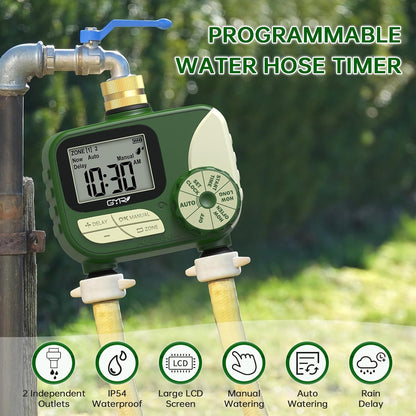 GMR Hose Timers for Watering, Sprinkler Timer Outdoor with Brass Inlet, Water Timer for Garden Hose with Rain Delay/Manual/Auto Irrigation System, Programmable Garden Hose Timer for Yard, 2 Outlet