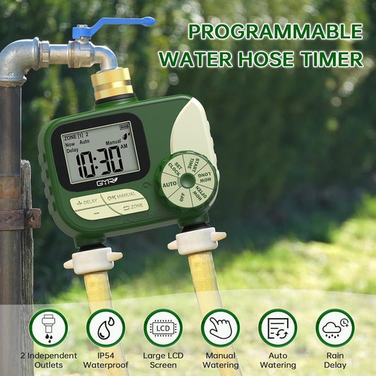 GMR Hose Timers for Watering, Sprinkler Timer Outdoor with Brass Inlet, Water Timer for Garden Hose with Rain Delay/Manual/Auto Irrigation System, Programmable Garden Hose Timer for Yard, 2 Outlet