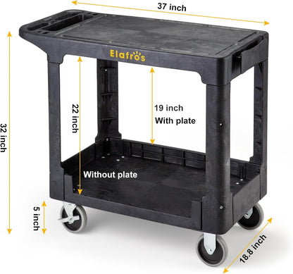 ELAFROS Heavy Duty Plastic Utility Cart Flat top 37 x 18.8 Inch - Work Cart Flat Shelves and 2 Fixed 2 Swivel Wheels Safely Holds up to 550 lbs - 2 Tier Service Cart for Warehouse,Garage, Black