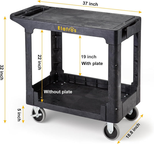 ELAFROS Heavy Duty Plastic Utility Cart Flat top 37 x 18.8 Inch - Work Cart Flat Shelves and 2 Fixed 2 Swivel Wheels Safely Holds up to 550 lbs - 2 Tier Service Cart for Warehouse,Garage, Black