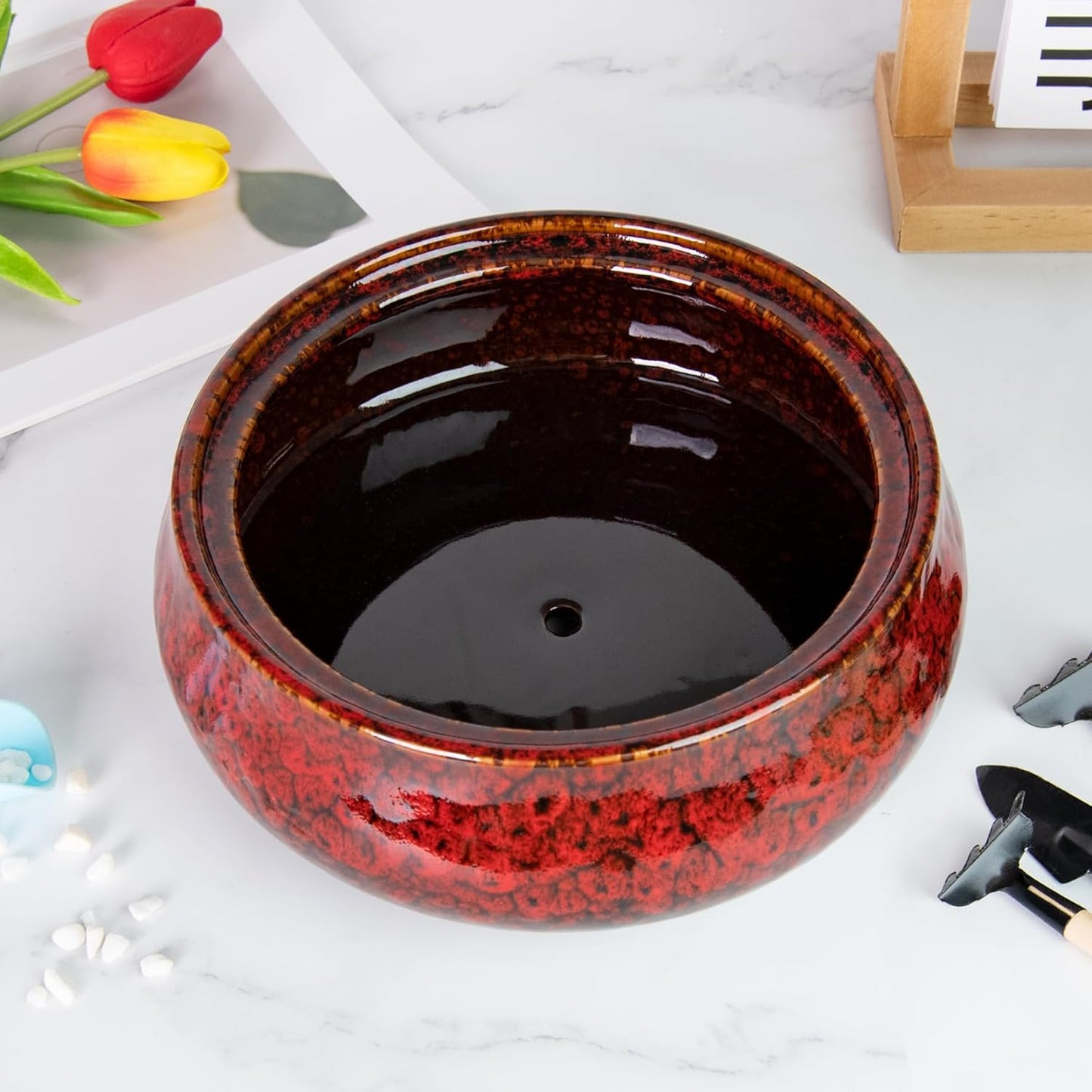 ARTKETTY Succulent Pots - 8 Inch Plant Pot, Large Bonsai Pots with Drainage, Ceramic Planters for Indoor Outdoor Plants, Round Shallow Cactus Flower Plant Container Bowl Decorative Home Garden