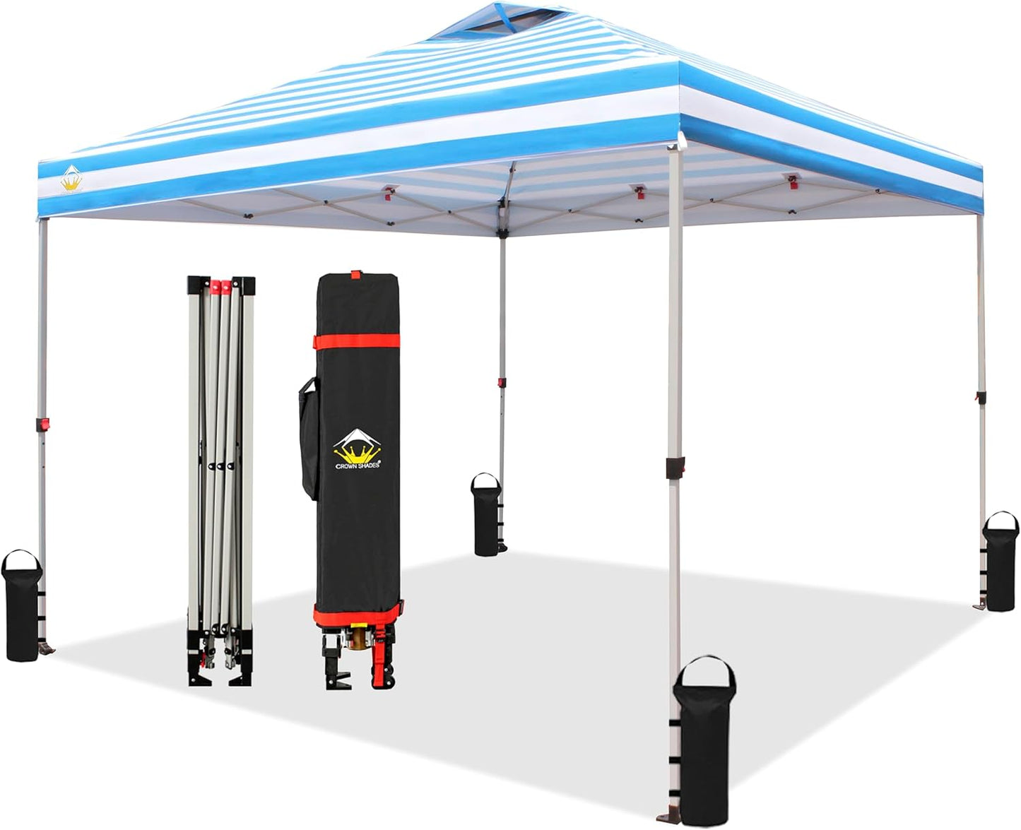 Crown Shades 10x10 Pop Up Canopy - Beach Tent with One Push Setup - Outdoor Sun Shade for Events, Parties, Camping - STO-N-Go Cover Bag, Silver Coated Top, 3 Height& 4 Sand Bags, Sky Blue Stripes