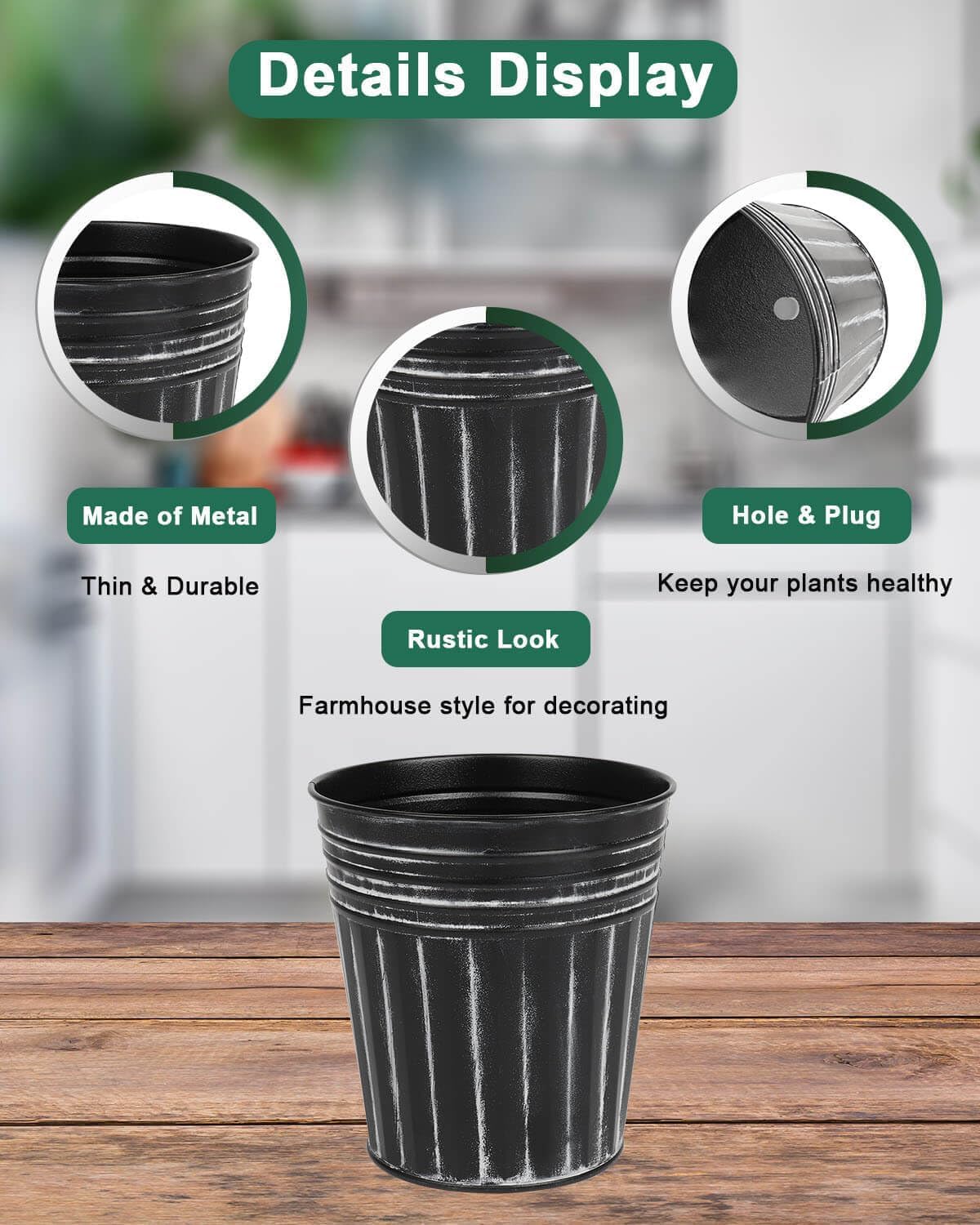 vensovo 7 Inch Black Metal Rustic Flower Pots - 6Pcs Medium Galvanized Planters with Drainage Hole and Rubber Plug, Rustproof Metal Bucket Plant Pots Farmhouse Vintage Style for Decor