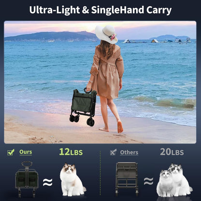 Foldable Wagon Cart, 380LBS Capacity Collapsible Wagon with All-Terrain Wheels, 220L Foldable Utility Cart & Grocery Cart on Wheels, Portable Lightweight 12LBS for Outdoor, Beach, Garden (Green)