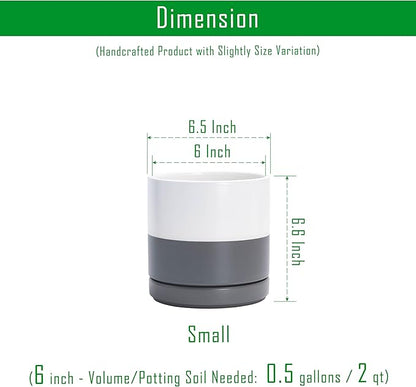 D'vine Dev 6.5 Inch Ceramic Planter Pot with Drainage Hole and Saucer, Indoor Cylinder Round Flower Pot, White/Speckled Grey, 94-O-C-6