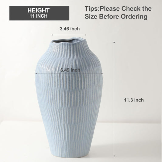 Ceramic Vase for Home Decor,11.6 Inch Flower Vases，Decorative Blue Vase for Pampas Grass，Modern Art Texture Vases for Home Entryway Living Room Dining Table Farmhouse Office Decor-Mat Blue