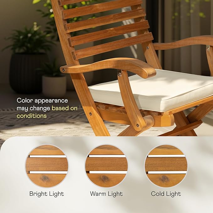 IDZO, Percy Chairs Heavy Duty 400lbs Capacity Set of 2 w/Cushion, FSC Acacia Outdoor Furniture, Teak Finish, Fully Assembled, Wood Folding_Beige