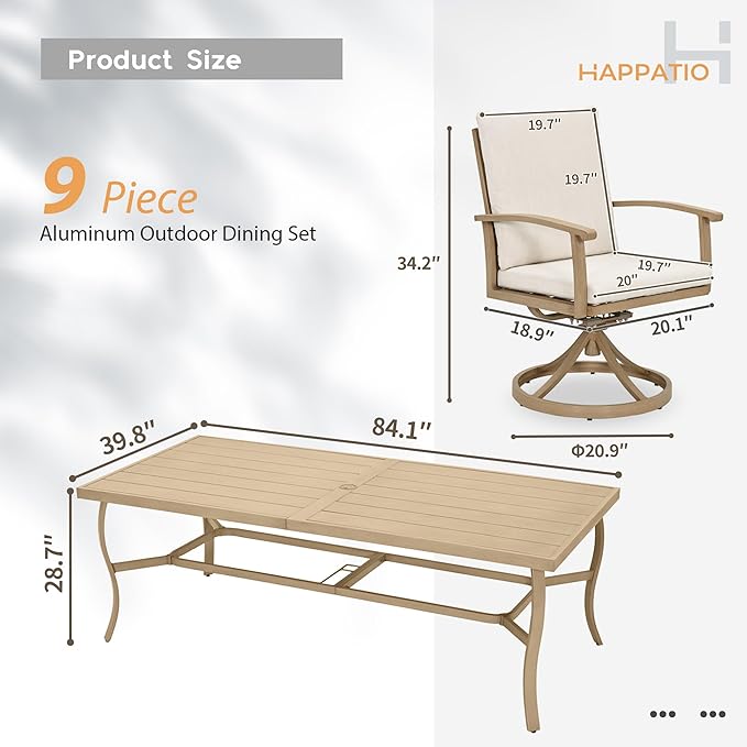 HAPPATIO Aluminum 9 Piece Patio Dining Set, Outdoor Swivel Dining Chairs and Dining Table, Aluminum Outdoor Dining Set for 8, Patio Dining Furniture with Washable Cushions (Beige)