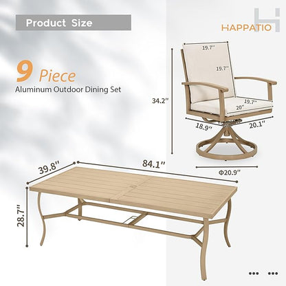 HAPPATIO Aluminum 9 Piece Patio Dining Set, Outdoor Swivel Dining Chairs and Dining Table, Aluminum Outdoor Dining Set for 8, Patio Dining Furniture with Washable Cushions (Beige)