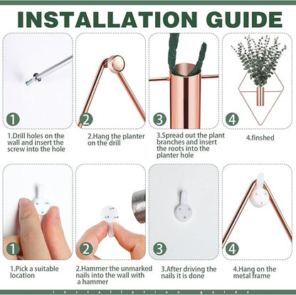 Jexine Hanging Planters with Artificial Eucalyptus Metal Hanging Vase Indoor Plants Holder Modern Geometric Boho Bathroom Wall Decor for Living Room Home Office(Rose Gold,4 Pcs)