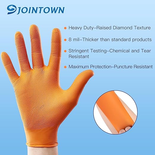 Jointown Basic Heavy Duty Nitrile Gloves, Mechanic Gloves 8 Mil Nitrile Disposable, with Raised Diamond Texture, Case of 1000, Orange, XLarge