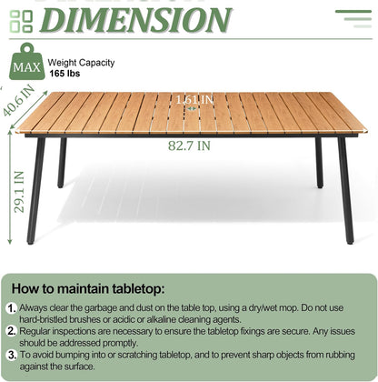Outdoor Dining Table for 6-8, 82.7 inch Patio Dining Table with Wooden-Like Top and Aluminum Frame, Rectangular Table with Umbrella Hole Outdoor Furniture, Brown