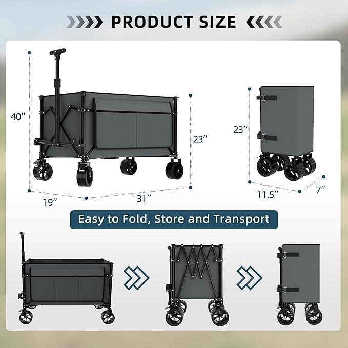 Favoyard Collapsible Wagon Carts Foldable 150L & 360LBS Portable Folding Wagons with All-Terrain Wheels & Brakes Heavy Duty Outdoor Utility Cart for Beach Grocery Camping Shopping Sports Garden, Grey