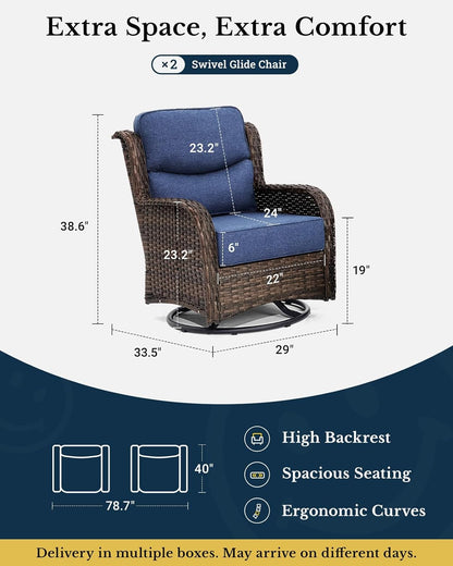 HILLGA Luxury Patio Furniture Set with 6-inch Thick Cushion, Outdoor High Back Swivel Rocker Patio Chairs, 2PCS Wicker Conversation Set for Deck Yard and Poolside, Blue (V2)