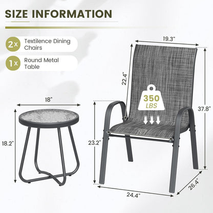 UDPATIO Patio Dining Set of 3, Outdoor Table and Chairs Set with Glass Table, 2 Stackable Patio Chairs with High Back, Outdoor Furniture Sets for Deck Garden Backyard Lawn Poolside (Dark Grey)