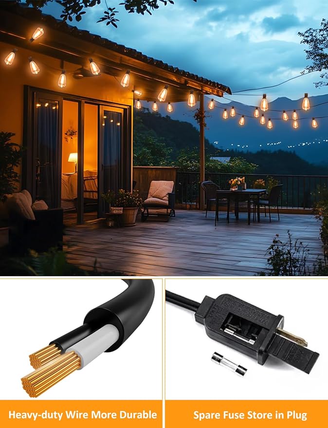 GHUSTAR 50FT LED Outdoor String Llights (NOT Solar) – Patio Lights Outdoor Waterproof for Outside – 2700K Vintage Edison Bulb String Light – Shatterproof Hanging Light for Cafe Porch Deck