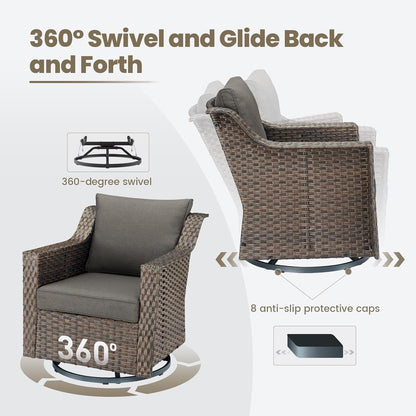Outdoor Patio Wicker Swivel Chairs - Set of 4 Outside Rattan Rocker Glider Chair Rocking Armchairs for Front Porch Balcony Backyard Yard Deck Poolside Apartment – Brown/Grey