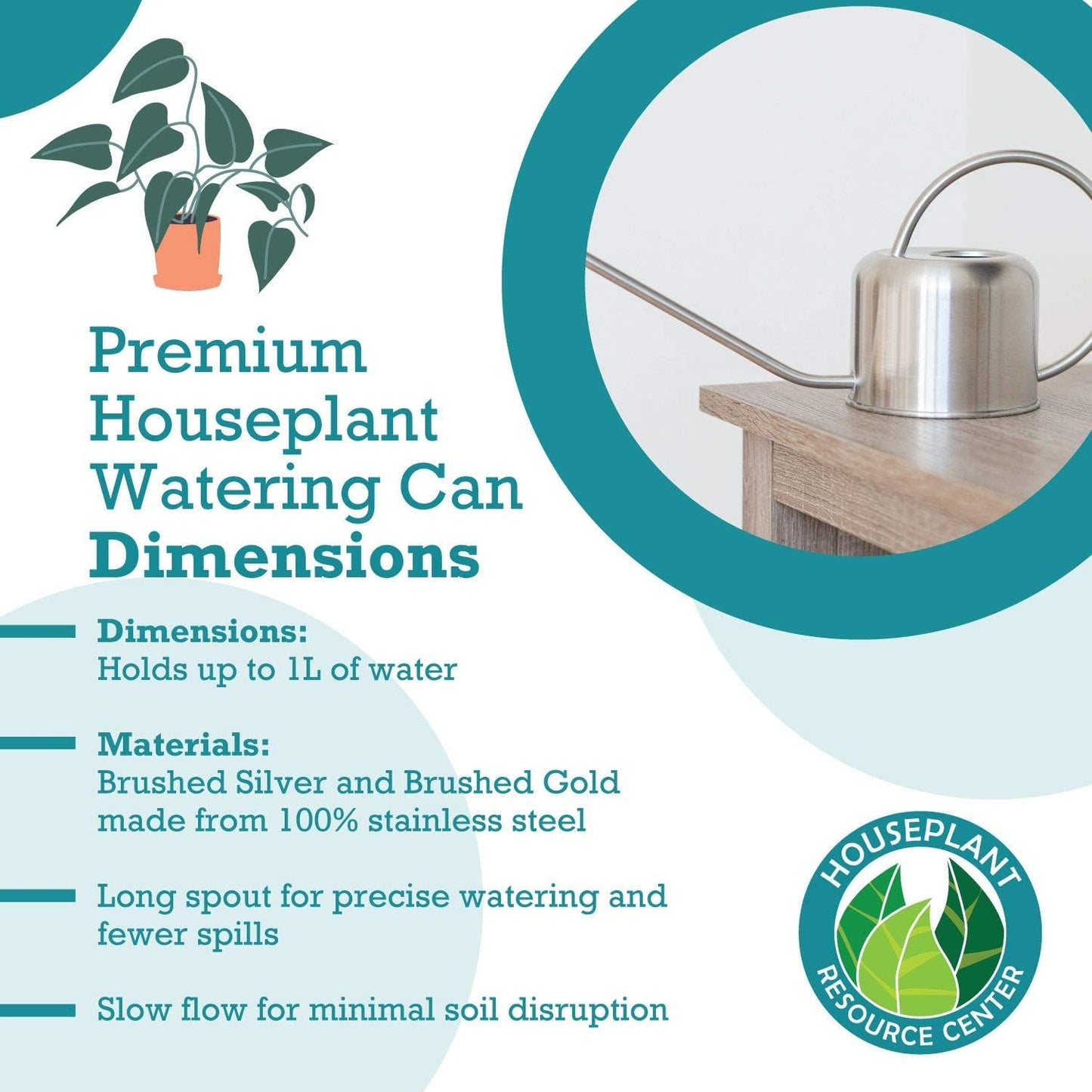 Stainless Steel Watering Can for Houseplants by Houseplant Resource Center | 1L Capacity for Indoor/Outdoor Plants in Brushed Gold