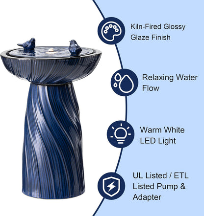 Glitzhome 24.75" H Outdoor Water Fountain with LED Light, Cobalt Blue Two Birds Twist Textured Floor-Standing Fountains, Ceramic Embossed Pattern Pedestal Water Fountain for Yard Patio Backyard