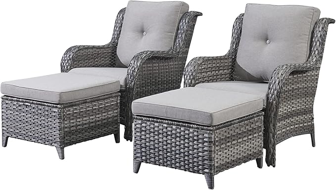 Rilyson Wicker Patio Furniture Set - 4 Piece Rattan Outdoor Sectional Conversation Sets with 2 Chairs and 2 Ottomans for Porch Deck Garden(Mixed Grey/Grey)