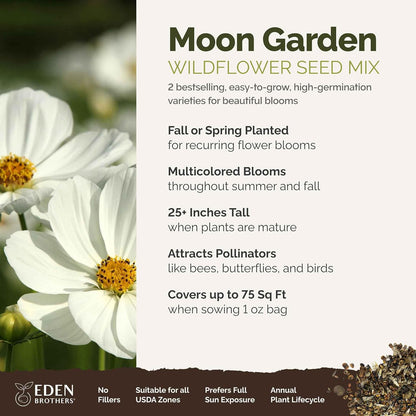 Eden Brothers Moon Garden Flower Mixed Seeds for Planting, 1 oz, 30,000+ Seeds with Cosmos Purity, Bishop's Flower | Attracts Pollinators, Plant in Spring or Fall, Zones 3, 4, 5, 6, 7, 8, 9, 10
