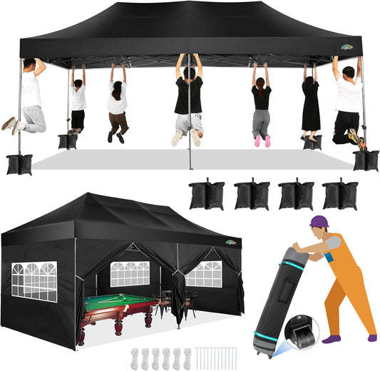 COBIZI 10x20 Canopy with Sidewalls, Heavy duty Party Tent Pop up carpas para fiestas, Tents for Parties, wedding, Outdoor Ez up Foldable Portable Canopy Tent with Wheeled Bag, Black(Windproof Upgrade)