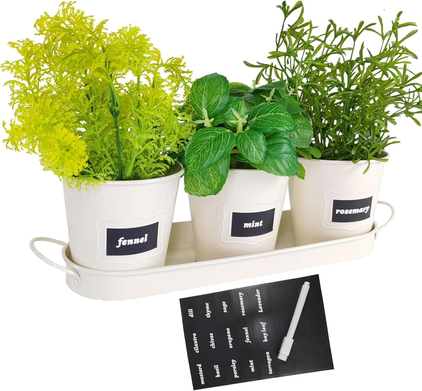 4" Herb Garden Planter Kit, Indoor Herb Planters with Tray, Set of 3 Metal Windowsill Pots for Flower Plants with Drainage Hole, Customizable Labels & Marker Pen, Beige