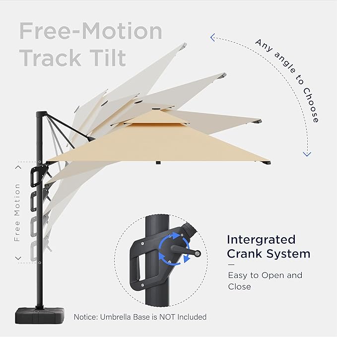 10x10 FT Cantilever Patio Umbrella with Led Lights Double Top Outdoor Square Heavy Duty Offset Umbrellas 360°Rotation Free-motion Track Tilt Windproof for Pool Deck Garden, Beige