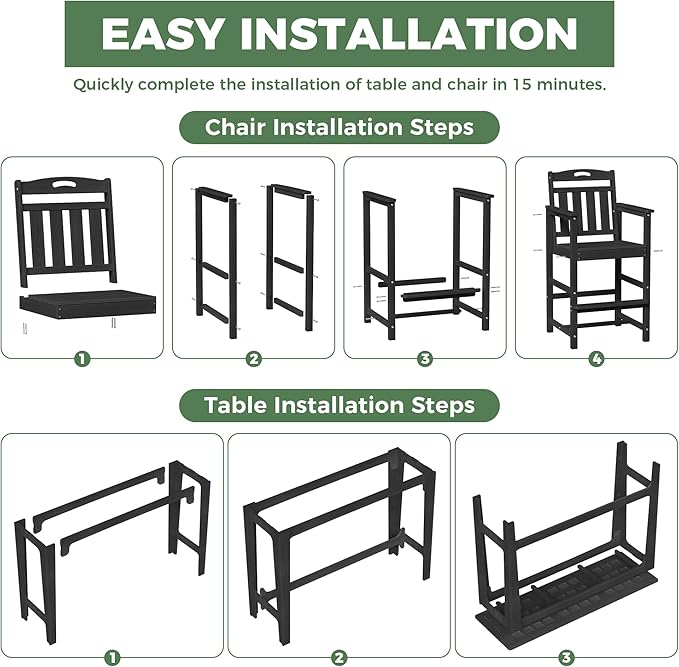 HDPE Outdoor Patio Bar Set with High Top Table and 2 Adirondack Chairs, All-Weather Bar Height Outside Rectangular Pub Furniture for Bistro, Garden, Backyard, Deck | 3-Pieces, Matte Black