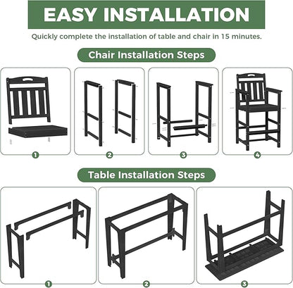 HDPE Outdoor Patio Bar Set with High Top Table and 2 Adirondack Chairs, All-Weather Bar Height Outside Rectangular Pub Furniture for Bistro, Garden, Backyard, Deck | 3-Pieces, Matte Black