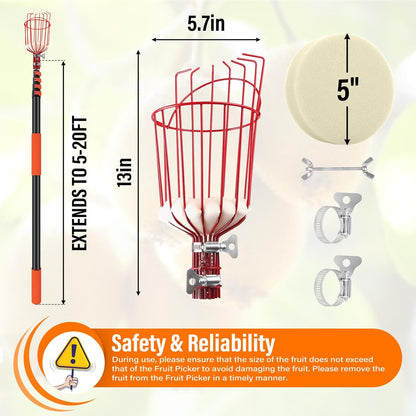26FT Reach Fruit Picker Pole with Basket Telescoping,Apple Picker Pole with Basket,Lightweight Aluminum Pole Fruit Catcher for Trees,Orange Picker Suit for,Pear,Lemon,Mango,Guava,Avocados