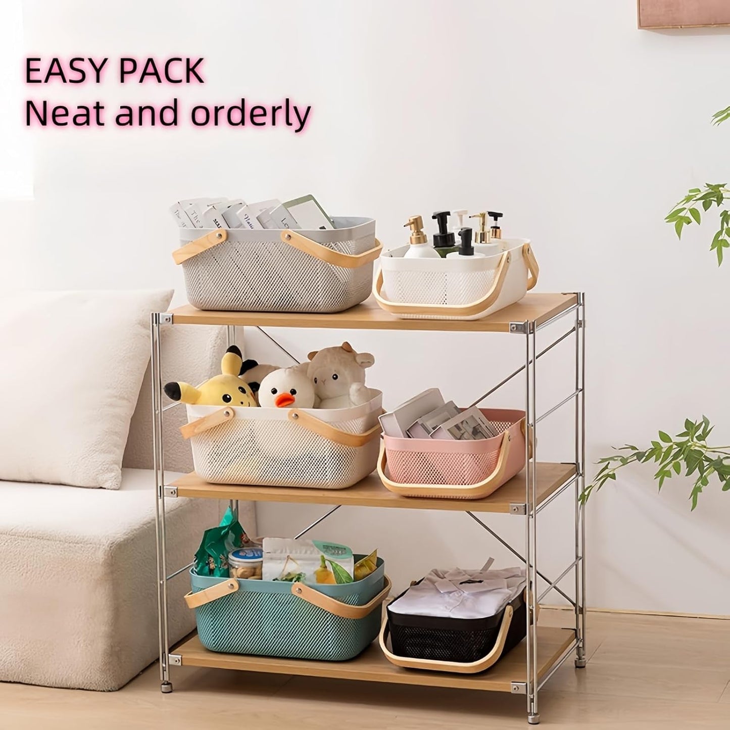 3pcs plastic harvest baskets, foldable wooden handles, rectangular garden storage baskets, for picking and collecting vegetables and fruits in the garden cabinet (Pink)