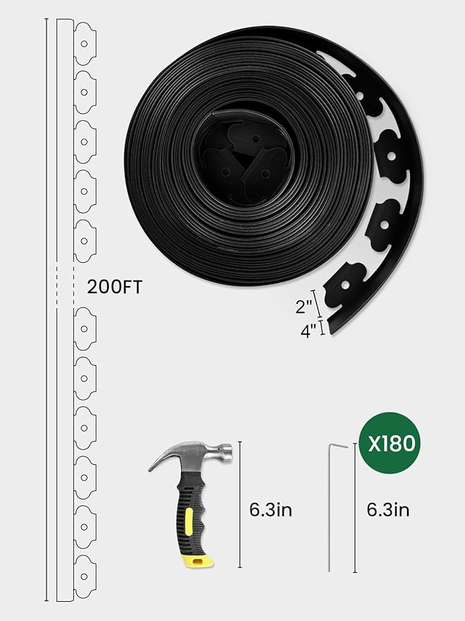 GROWNEER 200FT Landscape Edging Flexible 4 inch Tall Garden Border with 180pcs Galvanized Steel Anchoring Spikes and Hammer Lawn Edging Kit for Flower Bed, Pathway, Landscaping Project, Black