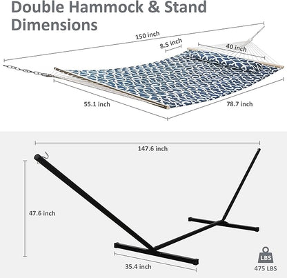 SUNCREAT Two Person Hammock with Stand, 475 lbs Capacity, Portable Patio Hammock with Hardwood Spreader Bar, Large Soft Pillow, Blue Pattern