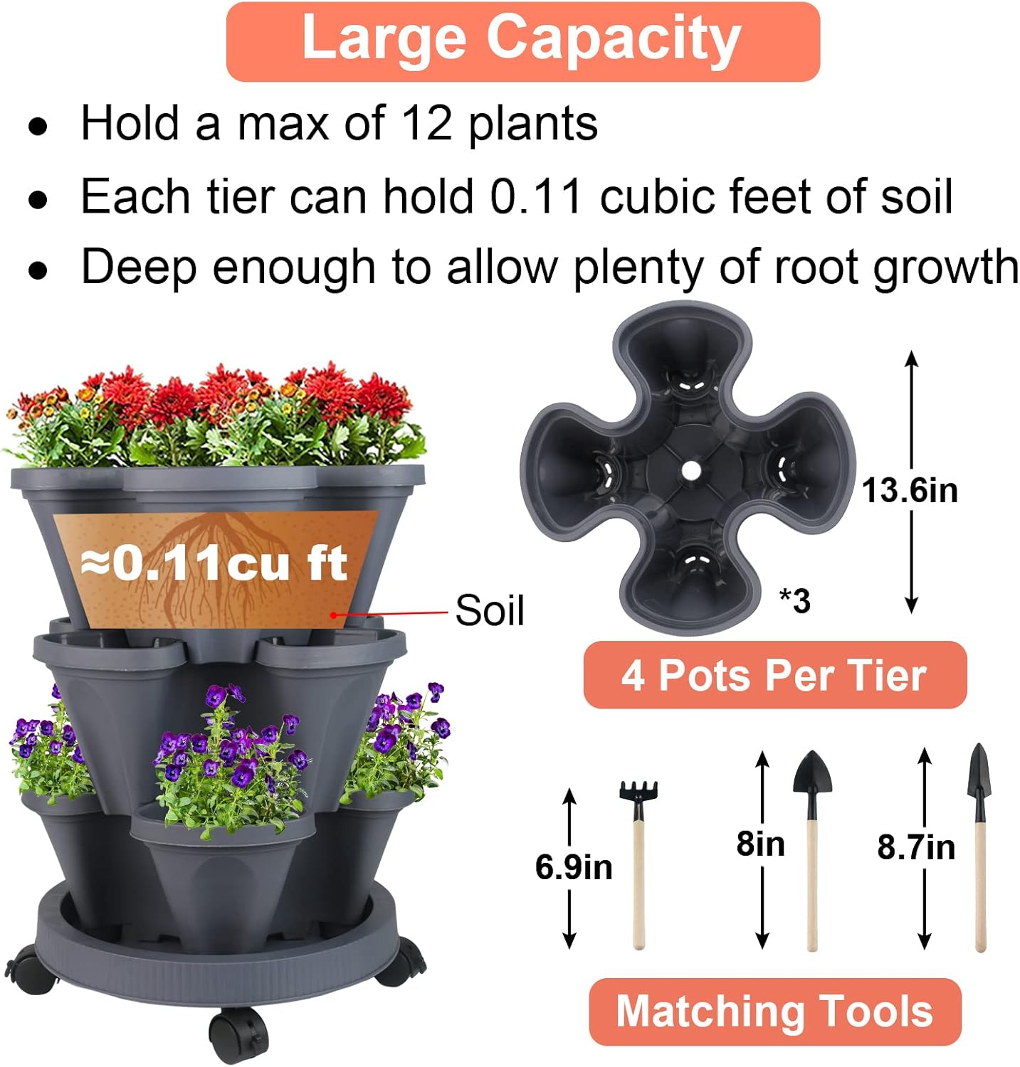 Vertical Planter 3 Tier Stackable Planters Garden Planters Strawberry Herb Flower and Vegetable Planter Indoor Outdoor Gardening Pots with Removable Wheels and Tools
