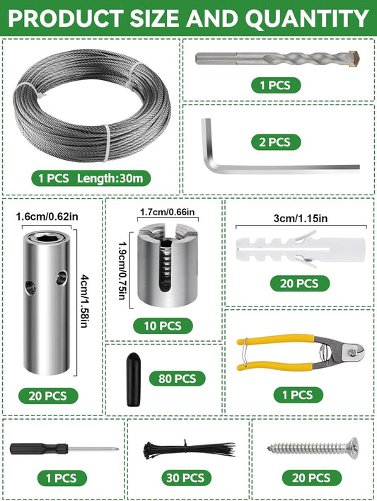 185PCS Wire Trellis for Climbing Plants, Kalolary 100FT Wall Wire Trellis Kit T316 Steel Garden Trellis with Cable & Cutter Wall-Mount Grape Vine Trellis for Outdoor DIY Flower Wall (Cylindrical)