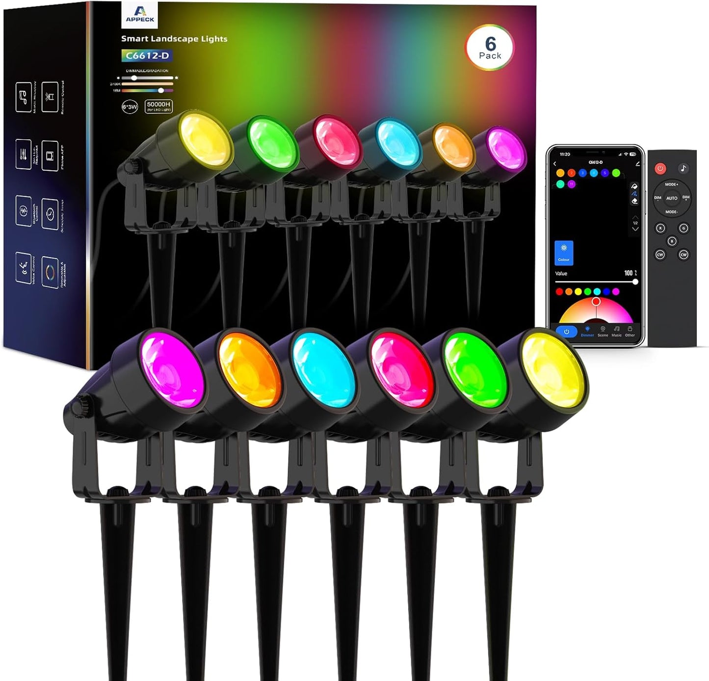 Spot Lights Outdoor, RGBW Low Voltage Landscape Lighting, Color Changing Uplighting Spotlights with App, IP65 Waterproof LED Outdoor Lights for Garden Yard Outside Decoration, 6 Pack