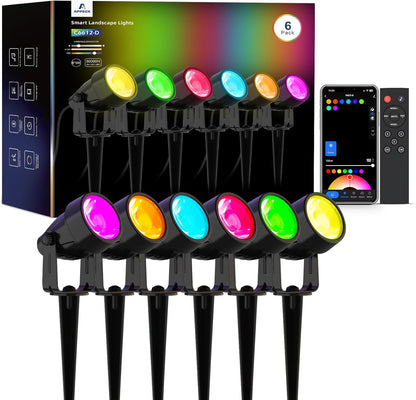 Spot Lights Outdoor, RGBW Low Voltage Landscape Lighting, Color Changing Uplighting Spotlights with App, IP65 Waterproof LED Outdoor Lights for Garden Yard Outside Decoration, 6 Pack