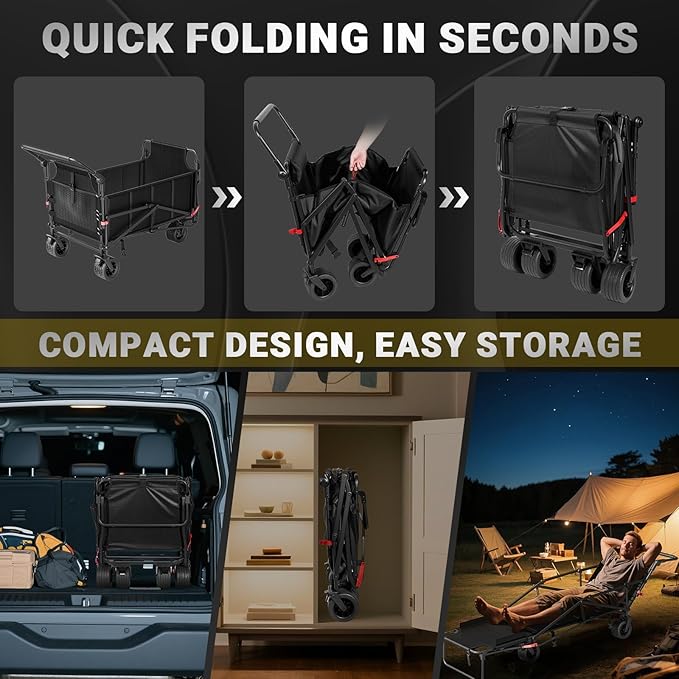 LEVELEVE Heavy Duty Folding Wagon - 2-in-1 Collapsible Cart, 650lb Capacity, All-Terrain Wheels w/Brakes & Side Pockets (Black)