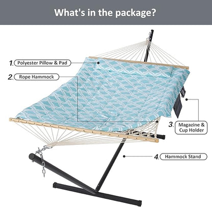 SUNCREAT Patio Hammock with Stand Included, Portable Double Hammock with Stand, Green Pattern